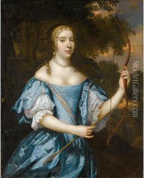 Portrait Of A Lady As Diana, 
Three-quarter Length, Wearing A Blue Silk Dress And A Pearl Necklace, 
And Holding A Bow And Arrow Oil Painting - Jan Mytens