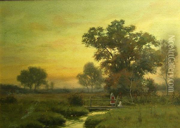 Girl And Her Dog On A Footbridge At Sunset Oil Painting - William Crothers Fitler