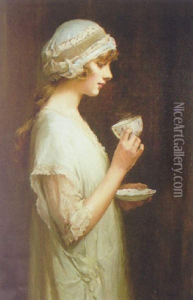 Portrait Of Pearl Joliffe Holfing A Cup And Saucer Oil Painting - P(ercy) Harland Fisher