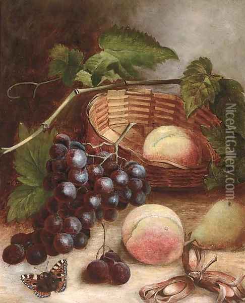 Grapes, peaches, a pear and cobb nuts with a basket on a table Oil Painting - Charles Thomas Bale