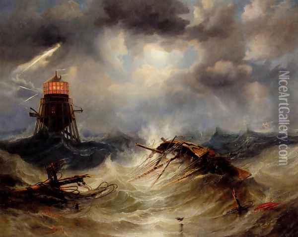 The Irwin Lighthouse, Storm Raging Oil Painting - James Wilson Carmichael