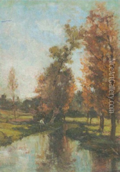 Fluslauf Mit Angler In Der Herbstsonne Oil Painting - Joseph Quinaux