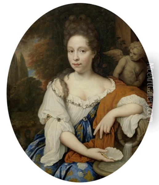 Portrait Of Catharina Margaretha Beck, Three-quarter-length, In A Blue Embroidered Robe And Red Cloak, Before A Fountain Oil Painting - Johan van Haensbergen