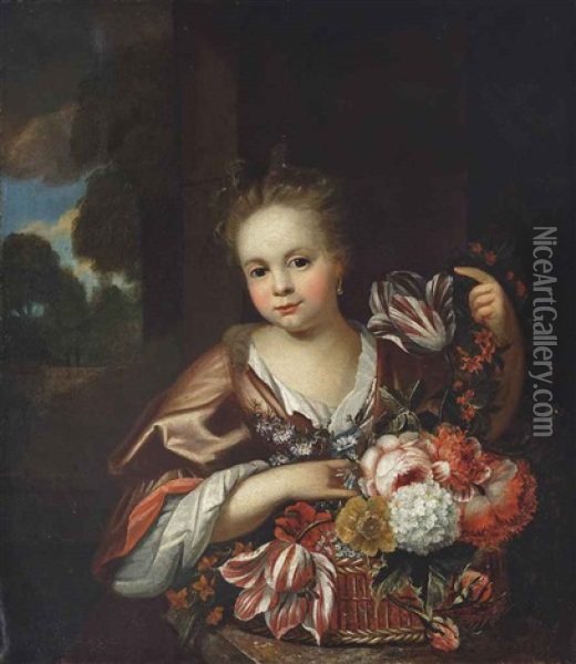 Portrait Of A Young Girl, Half-length, With A Red Dress And Pearl Earrings, With A Basket Of Flowers And A Flower Garland, A Wooded Landscape Beyond Oil Painting - Jan Mytens