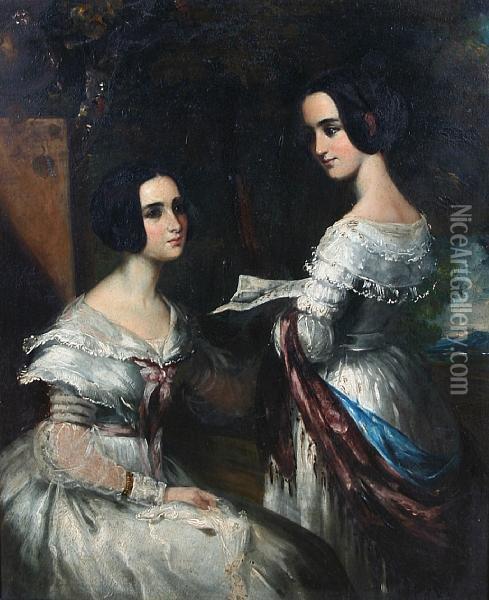 A Portrait Of Two Young Ladies Oil Painting - John Bridges