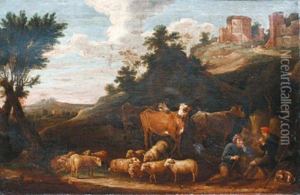 Bergers Gardant Leur Troupeau Au Pied De Ruines Romaines Oil Painting - David The Younger Teniers