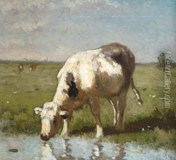 A Cow Watering At A Pool Oil Painting - Anton Mauve