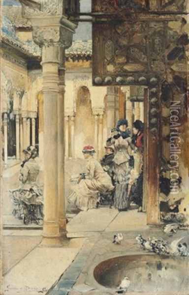 Tourists At The Alhambra Oil Painting - Jose Garcia y Ramos