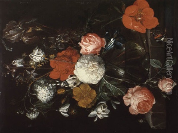 Bouquet De Fleurs Dans Un Vase En Verre Sur Un Entablement Oil Painting - Cornelis De Heem