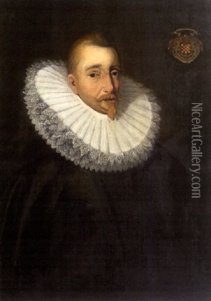 Portrait Eines Englischen Herzogs Mit Wappen Oil Painting - Daniel Mytens the Elder
