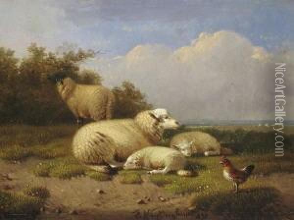 Schafe Und Huhn Auf Der
 Weide. Oil Painting - Joseph Van Dieghem