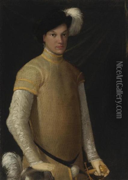 Portrait Of A Young Man Wearing A
 Plumed Hat, A Yellow Doublet With Slashed Sleeves, Lace Cuffs And 
Collar, Resting His Right Hand On A Plumed Helmet Oil Painting - Nicolo Dell' Abate
