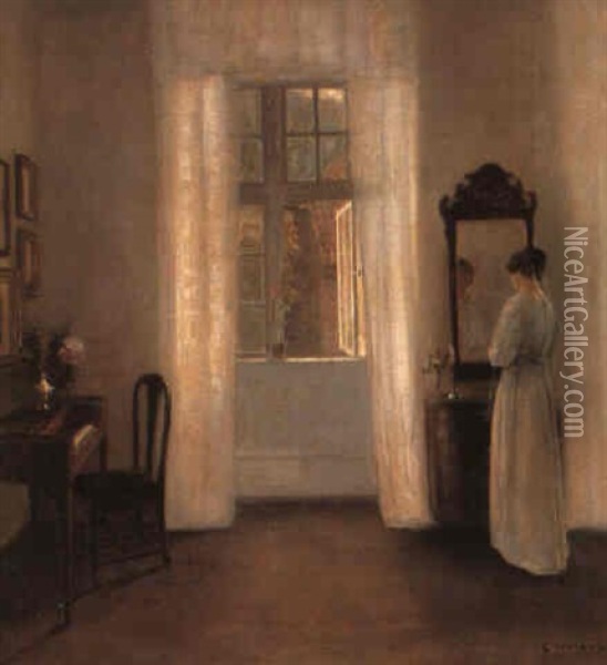 Interior Med Kunstnerens Hustru Foran Spejlet Oil Painting - Carl Vilhelm Holsoe