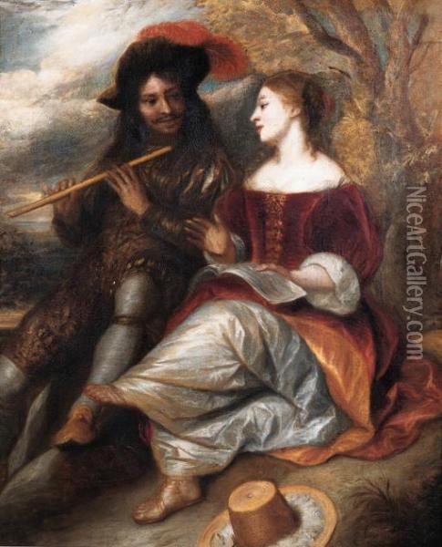 A Couple In Shepherd Costume By A Tree In A Landscape Oil Painting - Jan Lievens