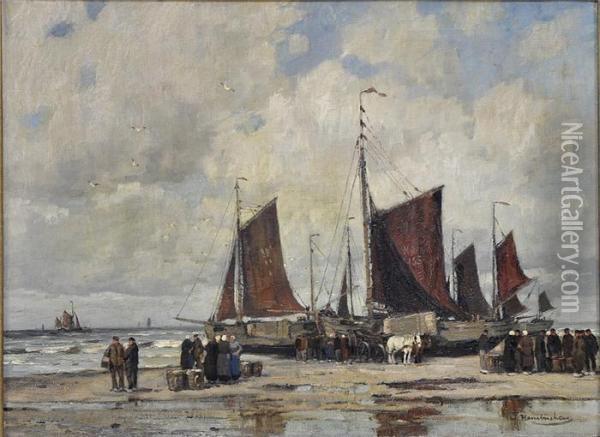 Fischer Amstrand, Ihre Boote Entladend Oil Painting - Wilhelm Hambutchen