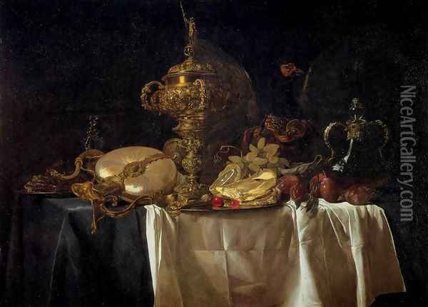 Still-Life with Fruit, Parrot, and Nautilus Pitcher Oil Painting - Willem Van Aelst