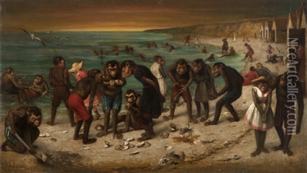 Anthropomorphized Monkeys At The Beach Oil Painting - William Holbrook Beard