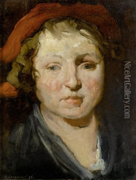 Portrait Einer Frau Mit Rotem Hut Oil Painting - Hugo von Habermann the Elder