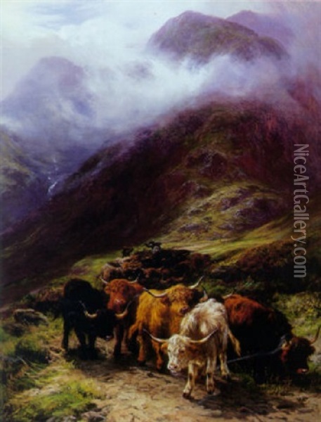 A Highland Landscape With Cattle Oil Painting - Henry Garland