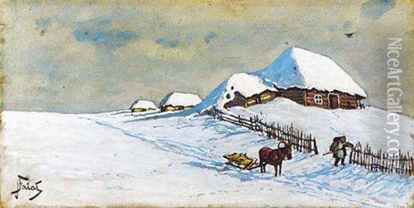 Zimowy Pejzaz Z Chalupami Oil Painting - Julian Falat
