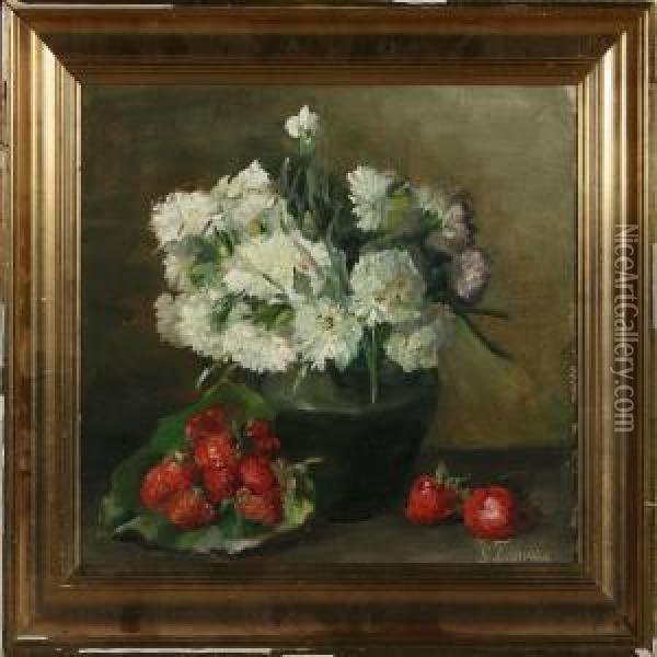 Still Life With Flowers And Strawberries Oil Painting - Emmy Marie Caroline Thornam