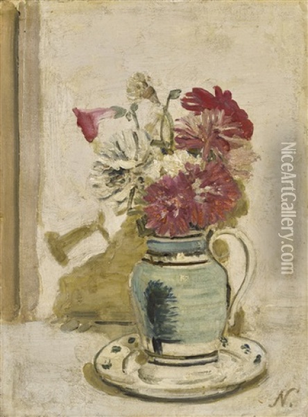 Petunias And Chrysanthemums In A Mocha Jug Oil Painting - William Nicholson