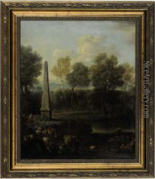 A Pastoral Landscape With An Obelisk Oil Painting - John Wootton