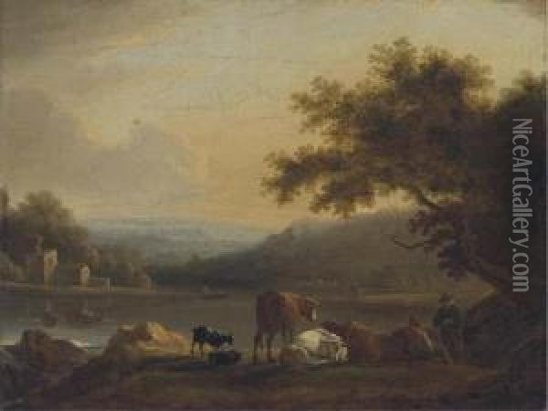 Figures And Cattle On A River Bank At Evening Oil Painting - Frederick William Hulme
