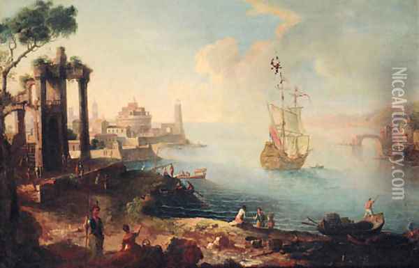 A capriccio of an Eastern harbour with fisherfolk on the shore, a man-o'-war beyond Oil Painting - Agostino Tassi