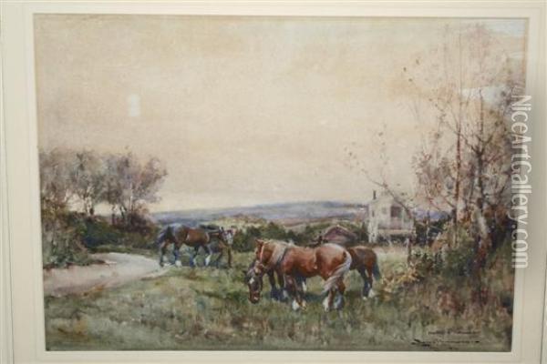 Dartmoor Ponies And Gypsy Caravan Oil Painting - Mabel Augusta Kingwell