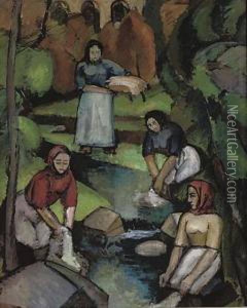Les Blanchisseuses Oil Painting - Jean Hippolyte Marchand