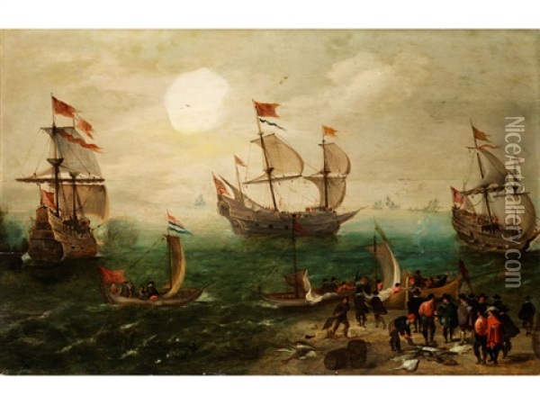 Marinestuck Mit Drei Grossen Segelschiffen Oil Painting - Cornelis Verbeeck