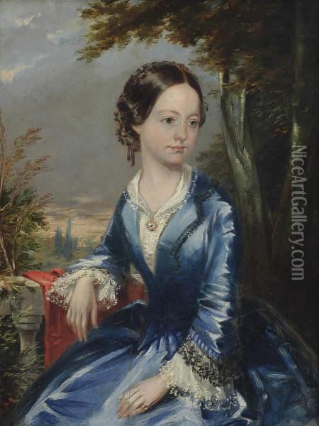 Portrait Of Miss Woolford, Aged 14, Seated Three-quarter-length, In A Blue Dress With White Lace Collar And Cuffs, A Landscape Beyond Oil Painting - Charles Halkerston