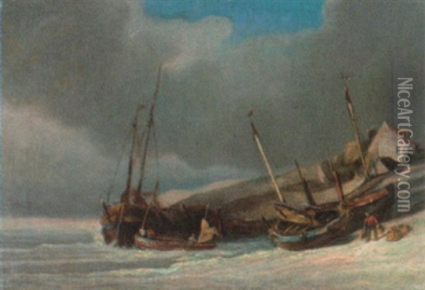 Nordfranzosische Kustenlandschaft Mit Am Strand Liegenden Fischerbooten Oil Painting - Auguste Mathieu