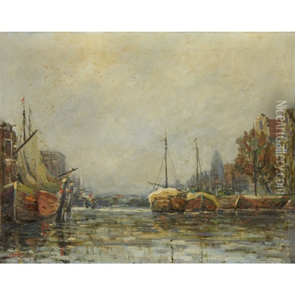 Foggy Harbor Oil Painting - Walter Koeniger