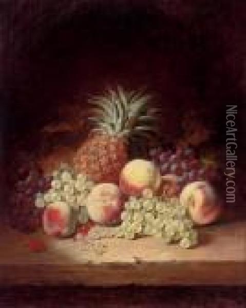 Grapes, Peaches And A Pineapple On A Wooden Ledge Oil Painting - Edward Ladell