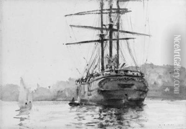 A Windjammer At Anchor In Falmouth Harbour Oil Painting - Henry Scott Tuke