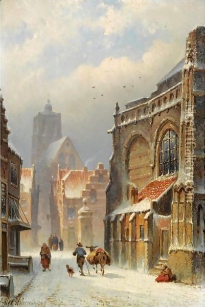 Figures In The Streets Of A Wintry Town Oil Painting - Eduard Alexander Hilverdink