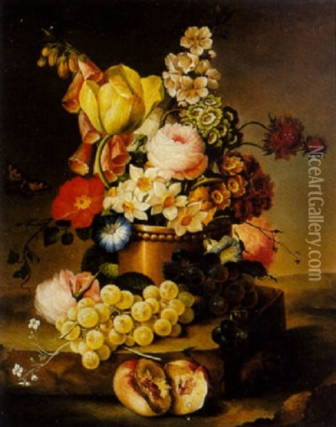 A Still Life With Flowers And Grapes On A Marble Ledge Oil Painting - Hugo Charlemont