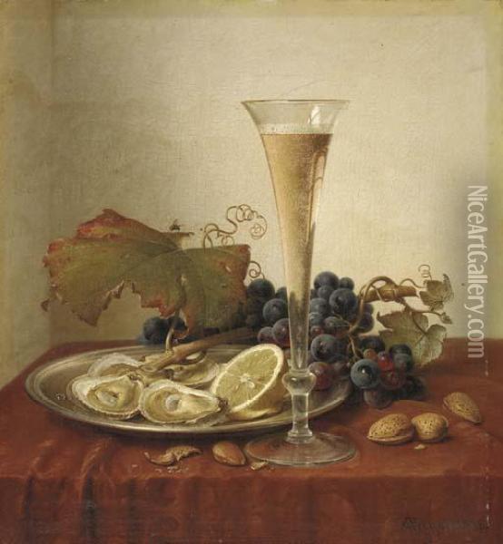 Grapes, Oysters, Hazlenuts And A Champagne Flute On A Draped Ledge Oil Painting - Johann Wilhelm Preyer