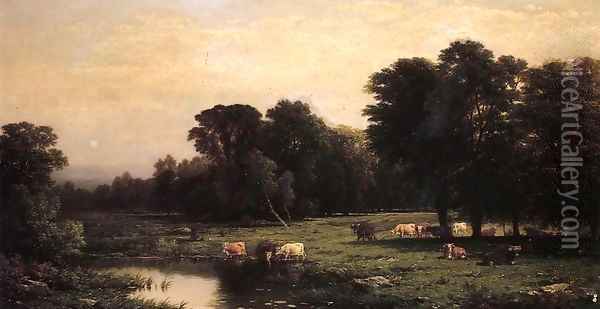 Bucolic Landscape with Cows 1888 Oil Painting - John William Casilear