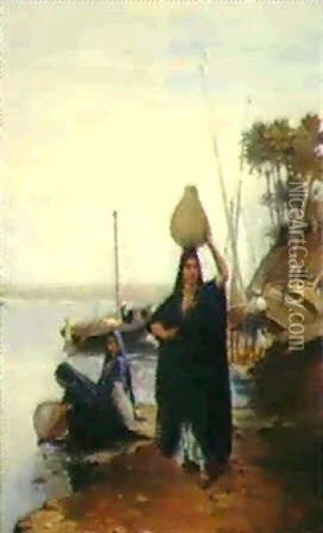 Arabische Frauen Beim Wasserholen Am Fluss Oil Painting - Edouard Castres