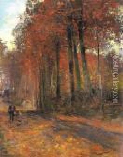 Landweg Met Twee Figuren Oil Painting - Gustave Den Duyts