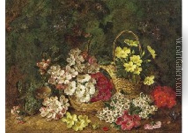 Bird's Nest And Flowers On A Mossy Bank Oil Painting - George Clare