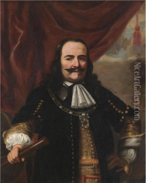 Portrait Of Admiral Michiel 
Adriaensz De Ruyter, Half-length,wearing A Black Coat And Holding A 
Telescope, With An Openedcurtain Behind Oil Painting - Ferdinand Bol