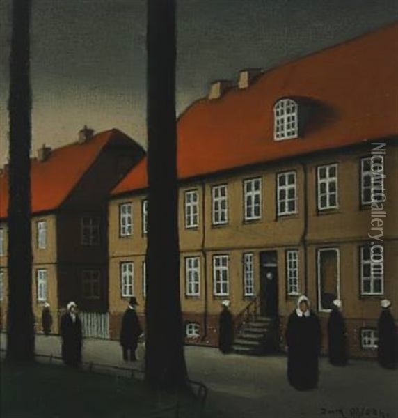 City Scene With People (christiansfeld?) Oil Painting - Jeppe Madsen Ohlsen