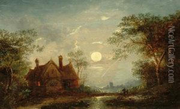 Moonlit Landscape With A Traveller By A Cottage Withwoodland And A Pond Oil Painting - William Pether