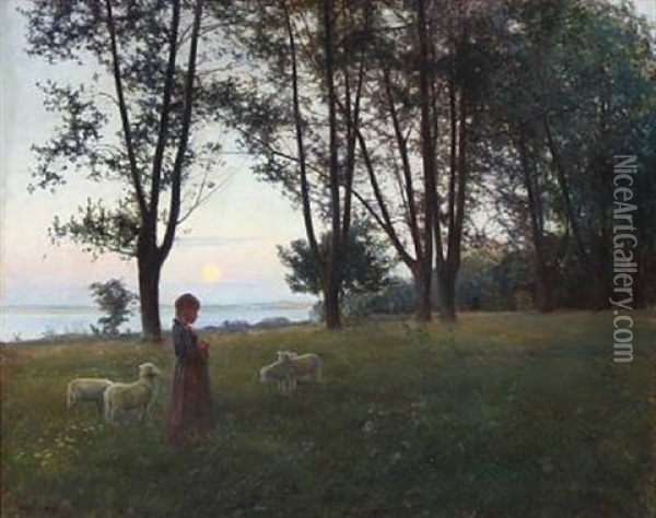 Sunset In A Forest Glade With A Young Girl And Sheep Oil Painting - Knud Erik Larsen