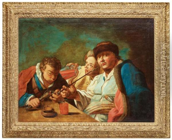 Three Men Smoking A Pipe Oil Painting - Domenico Maggiotto