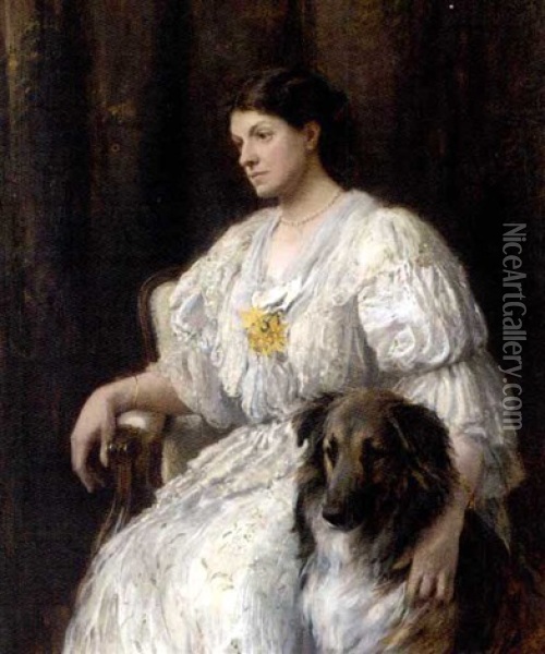 Portrait Of A Lady In A White Dress, A Collie By Her Side Oil Painting - Heywood Hardy